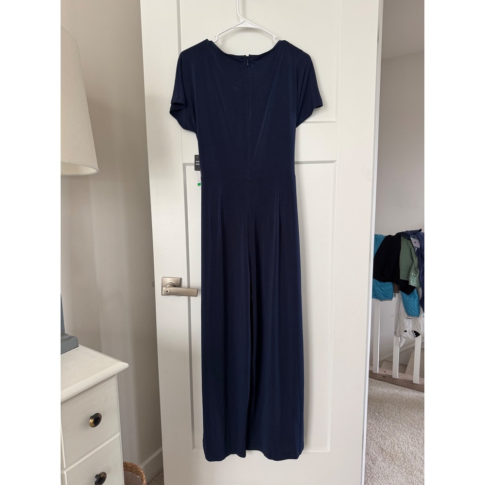 Signature by Robbie Bee Navy Blue Wide Leg Jumpsuit Short Sleeve Waist Tie Large - Picture 5 of 6